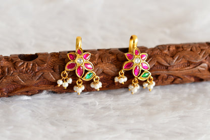 Gold tone pink-green-white kundan jadau flower bugadi earrings dj-52480