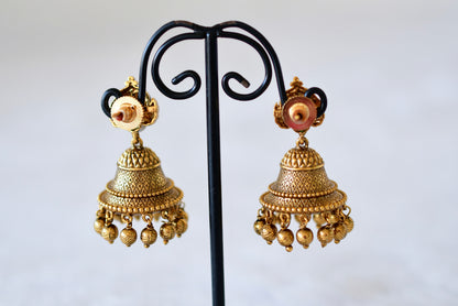 Antique gold tone green peacock bell shaped jhumkka dj-52546
