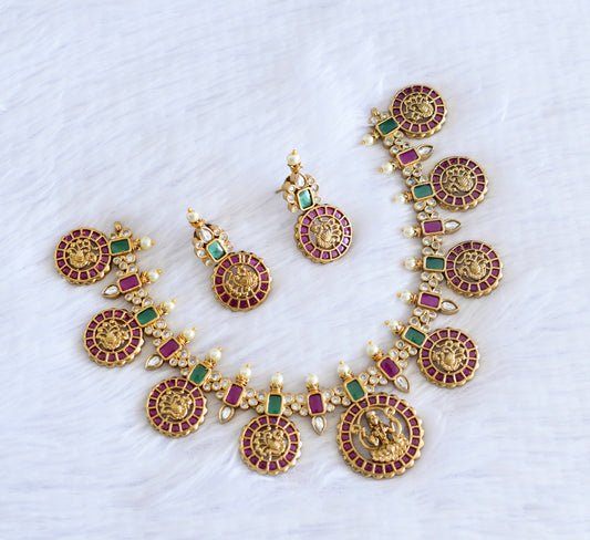 Antique gold tone pink-green lakshmi peacock necklace set dj-53009