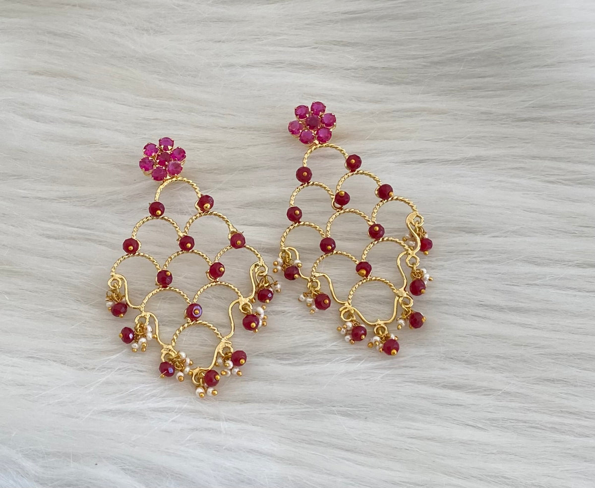 Gold tone ruby stone marron beaded long earrings dj-54645
