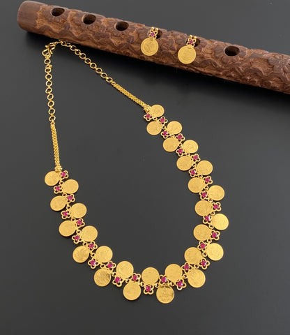 Gold tone pink stone lakshmi coin necklace set dj-54142