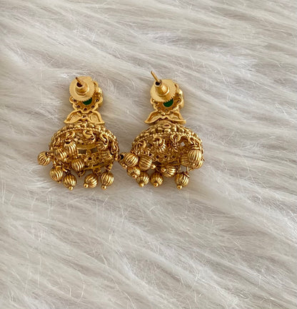 Antique gold tone kemp-green-white stone jhumkka dj-54638