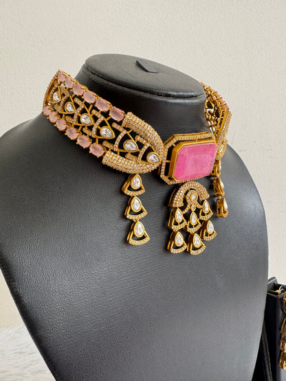 Antique gold tone cz kundan baby pink choker necklace set dj-51076