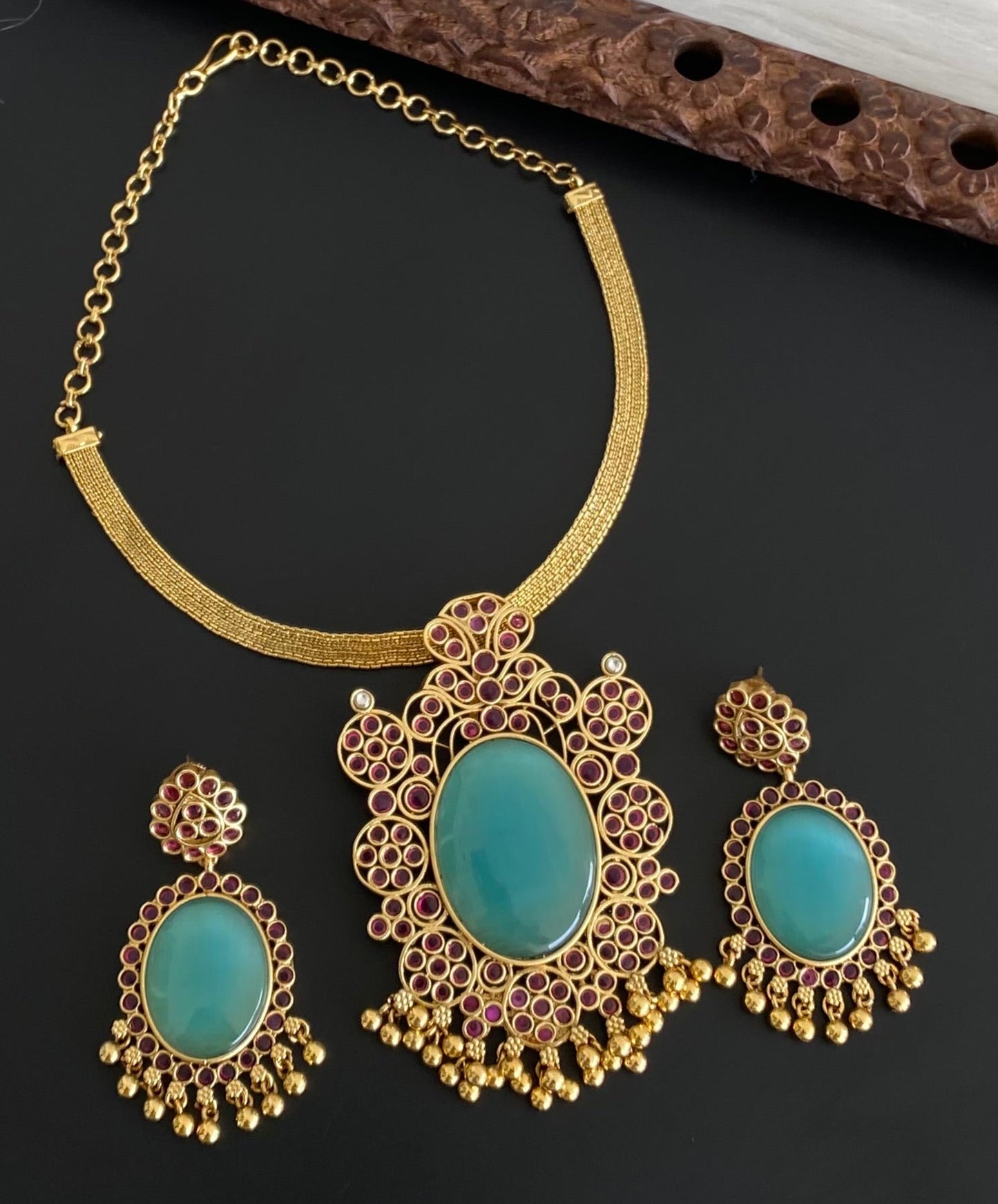 Matte finish big sea green oval stone pendant choker necklace set dj-53990