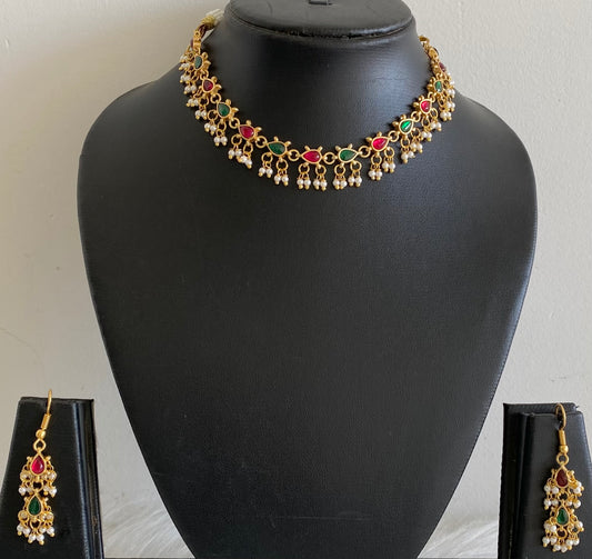 Antique gold tone kemp-green kundan jadau pearl necklace set dj-54149