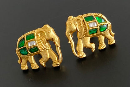 Gold tone green-white kundan jadau elephant earrings dj-53537