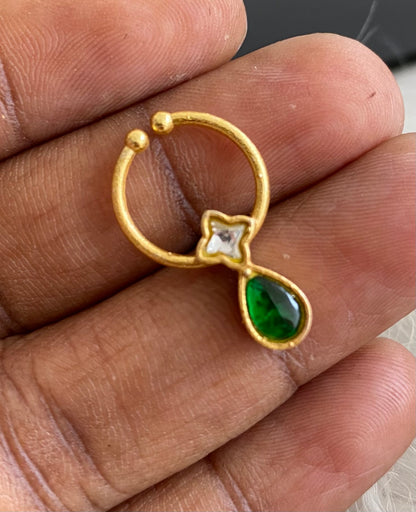 Gold tone kundan jadau green-white stone nose pin/bulakku dj-53763
