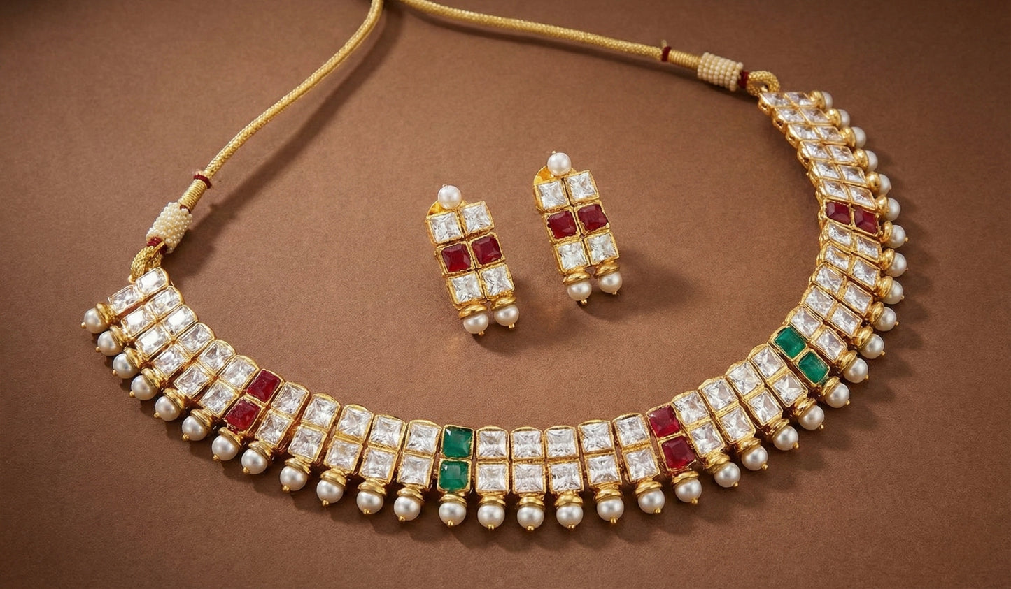 Gold tone Polki ruby-green square stone necklace Set - Dj-17214