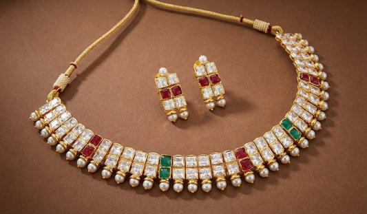Gold tone Polki ruby-green square stone necklace Set - Dj-17214