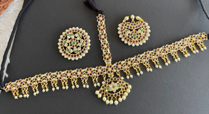 Gold tone precious kemp-green-white pearl cluster with sun and moon head set/tikka dj-52014