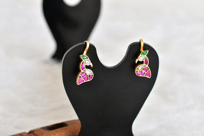 Gold tone pink-green-white kundan jadau peacock bugadi earrings dj-52478