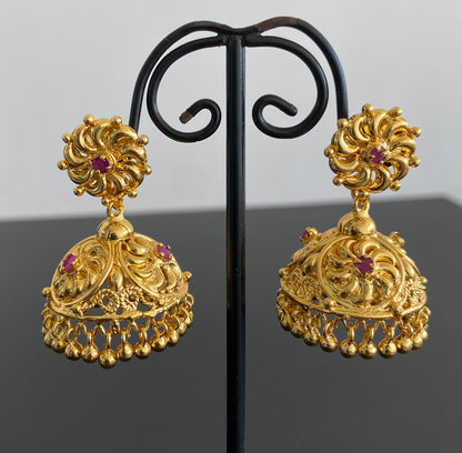Gold tone ruby flower jhumkka dj-53150