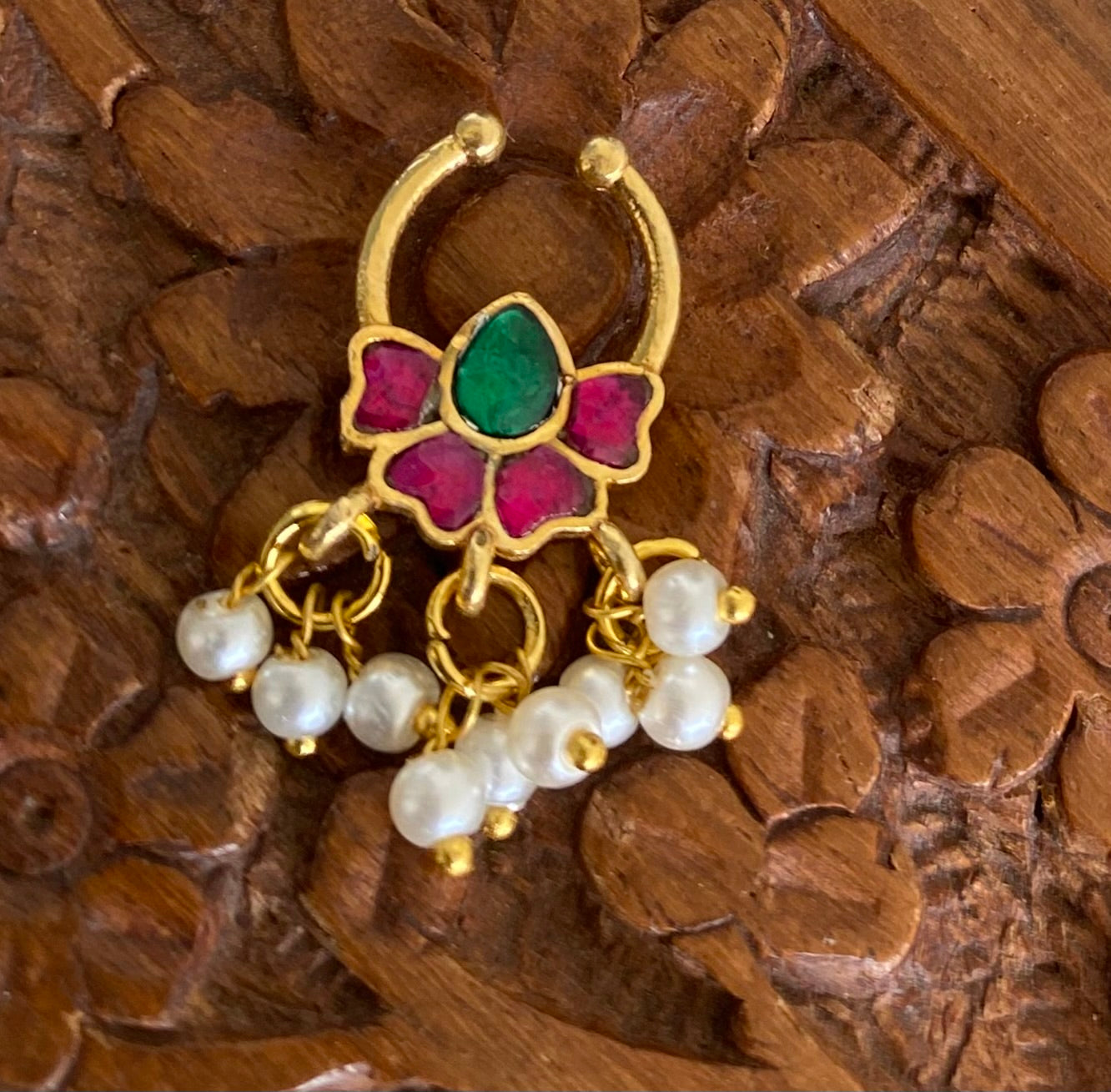 Gold tone kundan jadau pink-green stone pearl flower nose pin/bulakku dj-53793