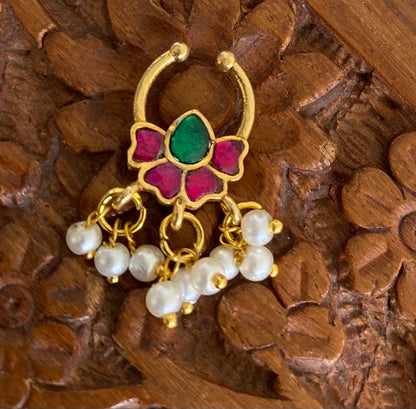 Gold tone kundan jadau pink-green stone pearl flower nose pin/bulakku dj-53793