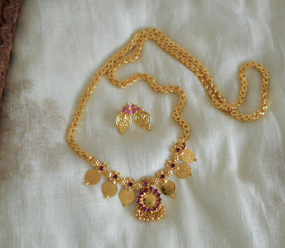 Gold tone 24 inches chain with pink lakshmi coin pendant set dj-52633