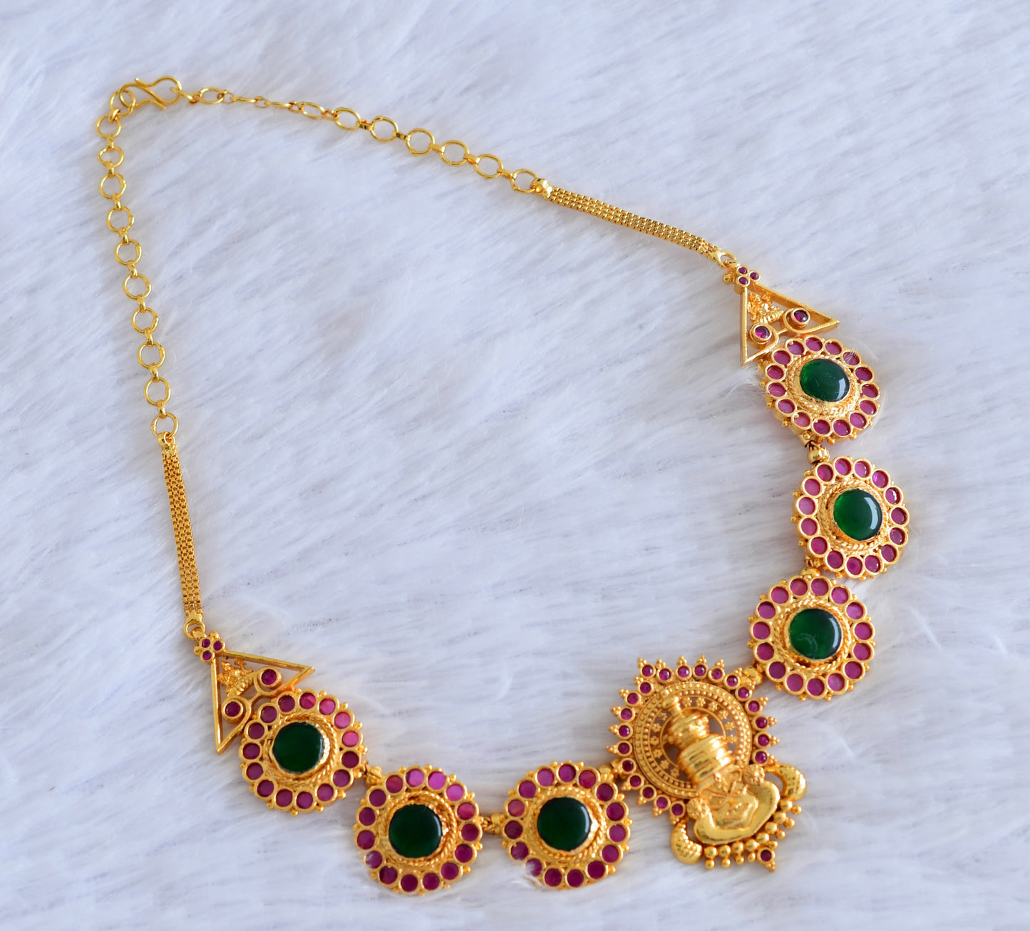 Gold tone pink-green kerala style kathakali necklace dj-53092