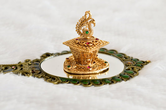 Antique gold tone kemp-green peacock kumkum box dj-52314