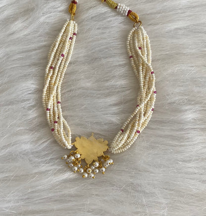 Gold tone pink-green-white kundan jadau lotus pearl choker necklace dj-54494