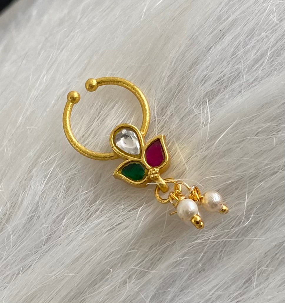 Gold tone kundan jadau pink-green-white stone pearl nose pin/bulakku dj-53802