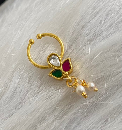 Gold tone kundan jadau pink-green-white stone pearl nose pin/bulakku dj-53802