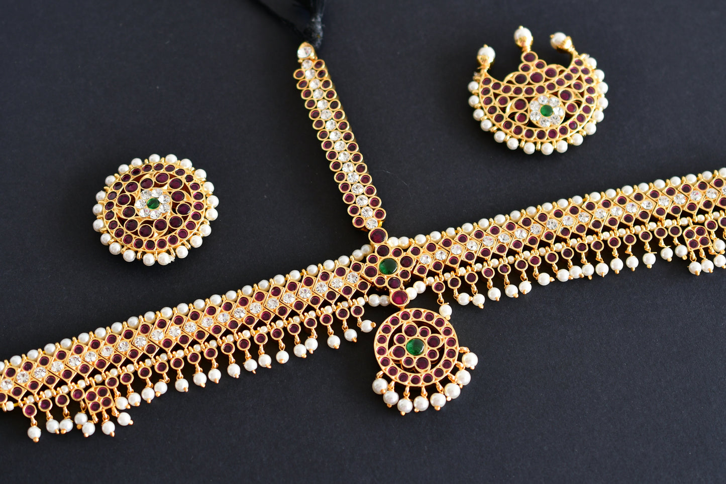 Gold tone precious kemp-green-white pearl maang head set with sun moon dj-52268