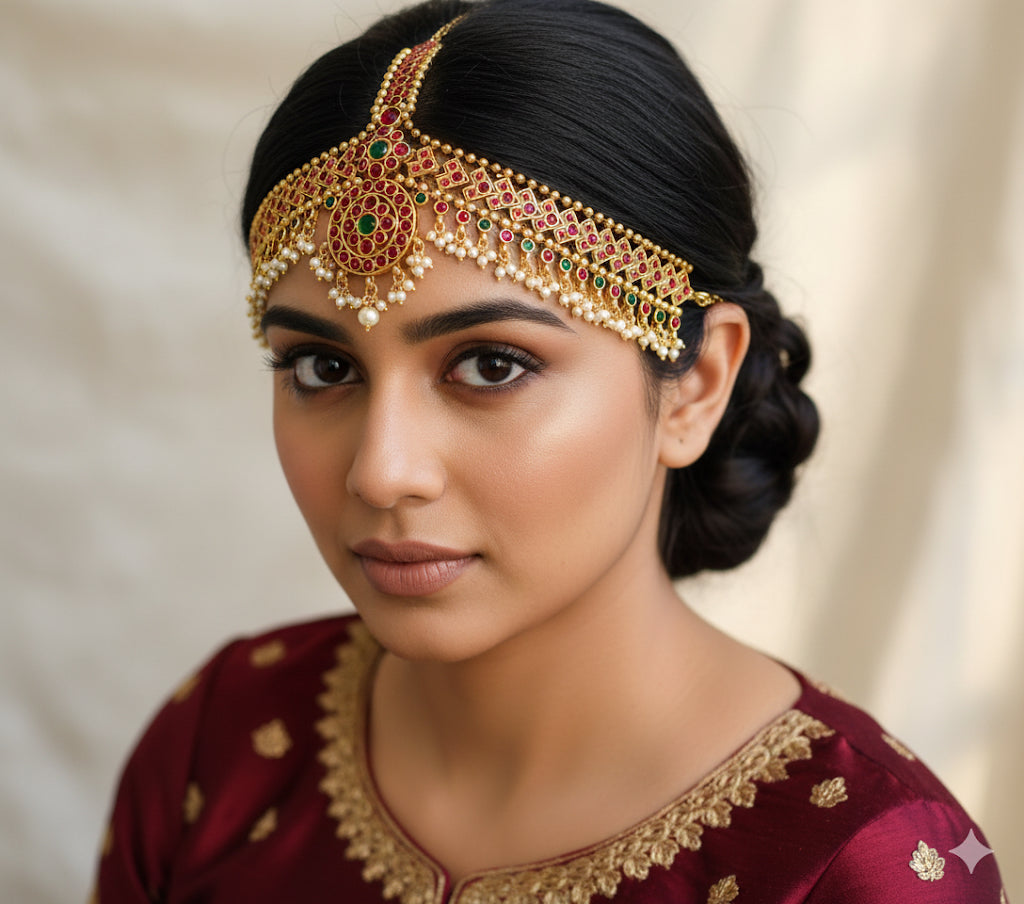 Antique gold tone kemp-green bridal maang tikka dj-12696