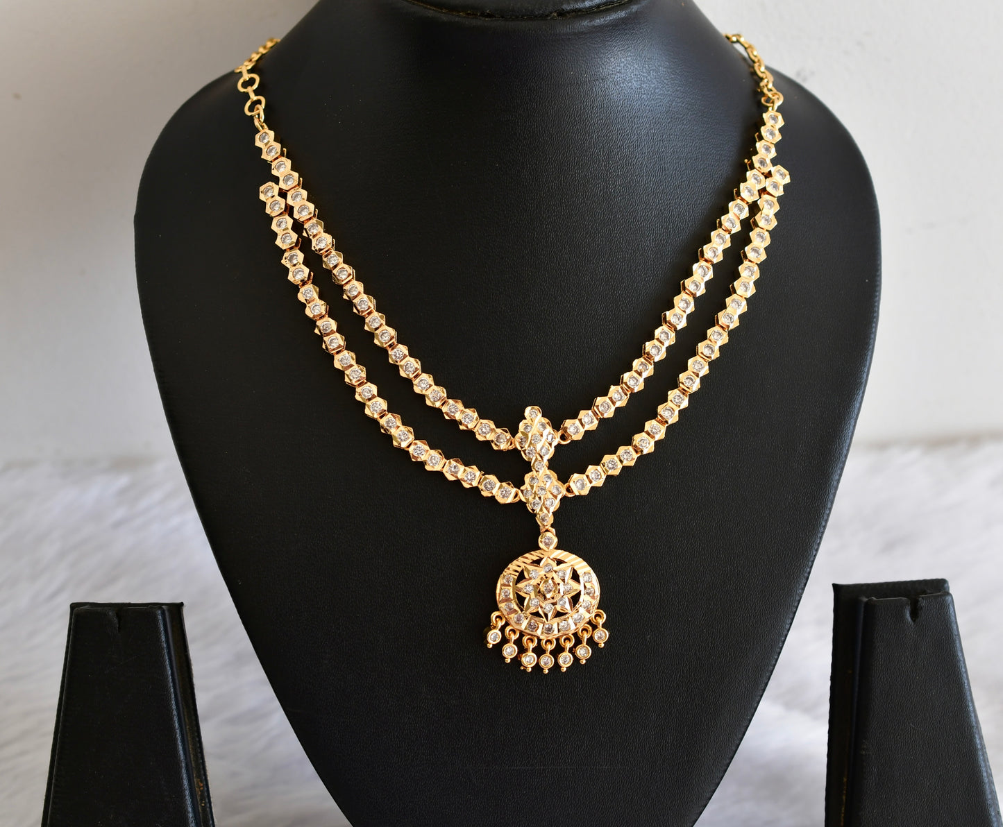 Gold tone AD white south indian style double layer necklace  dj-53336