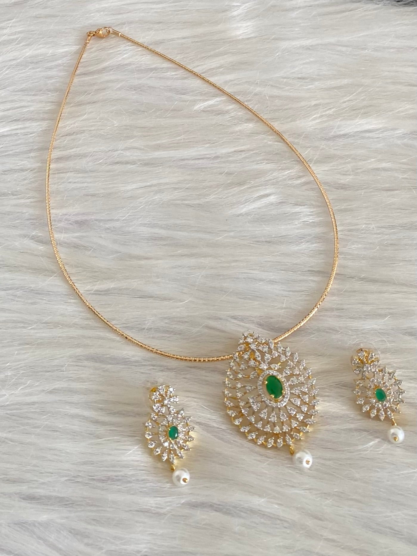 Two tone cz white-green pearl pendant set with kanti necklace dj-54246