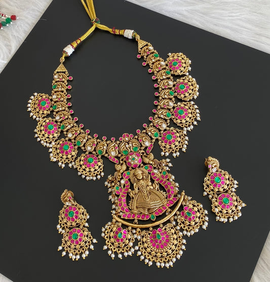 Antique gold tone peacock kundan jadau pearl necklace set dj-54161
