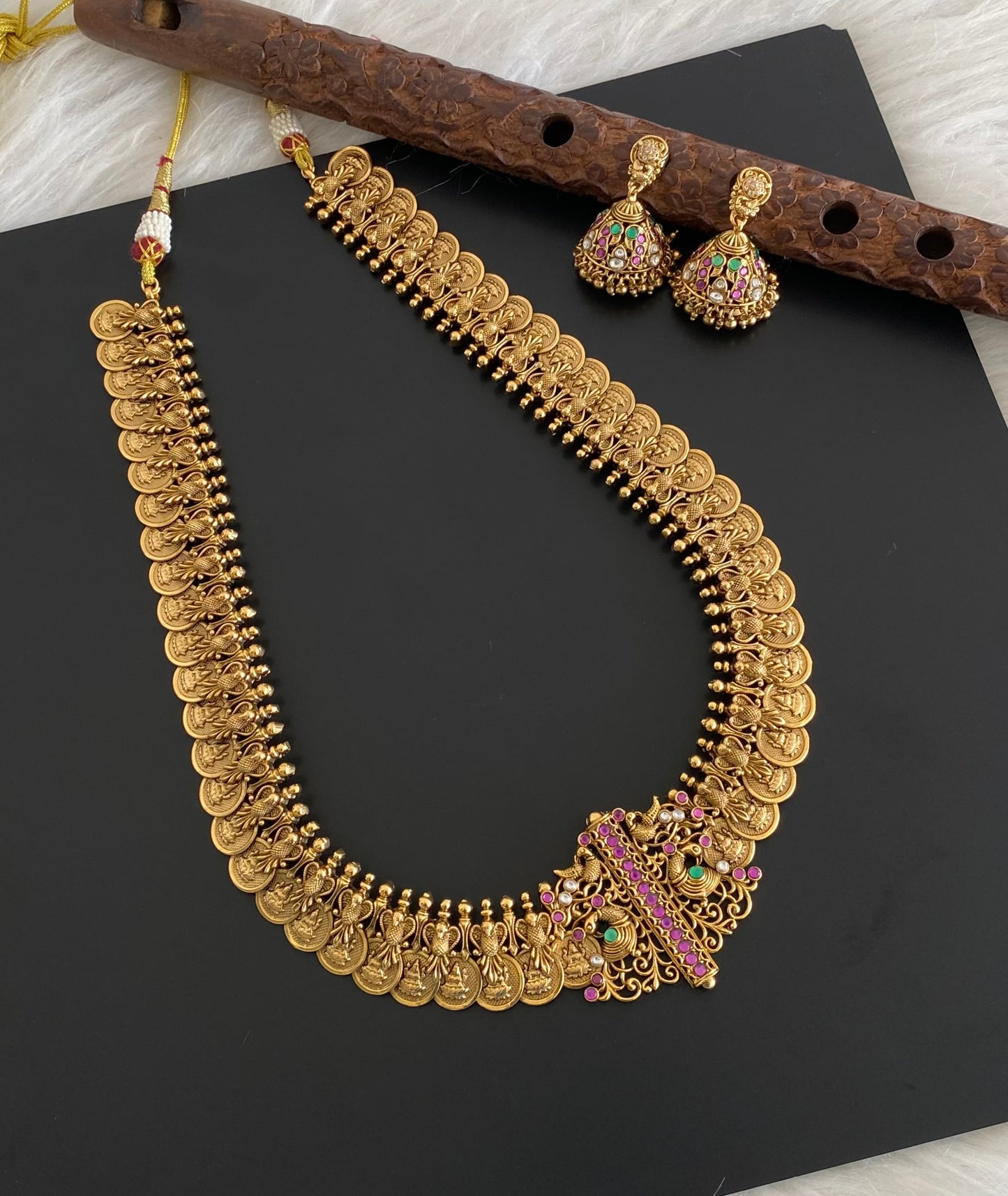 Antique gold tone pink-green-white peacock lakshmi coin haar set dj-54604