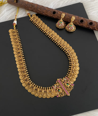 Antique gold tone pink-green-white peacock lakshmi coin haar set dj-54604