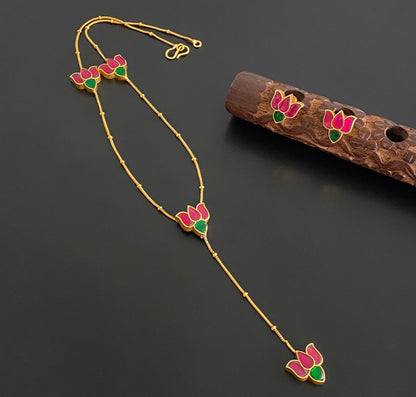 Gold tone pink-green kundan jadau lotus chain/necklace set dj-54505