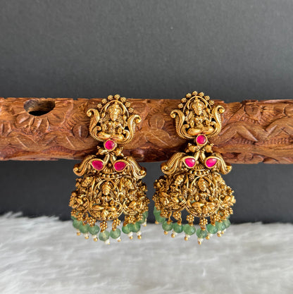 Antique gold tone pink-green beaded Lakshmi jhumkka dj-51481