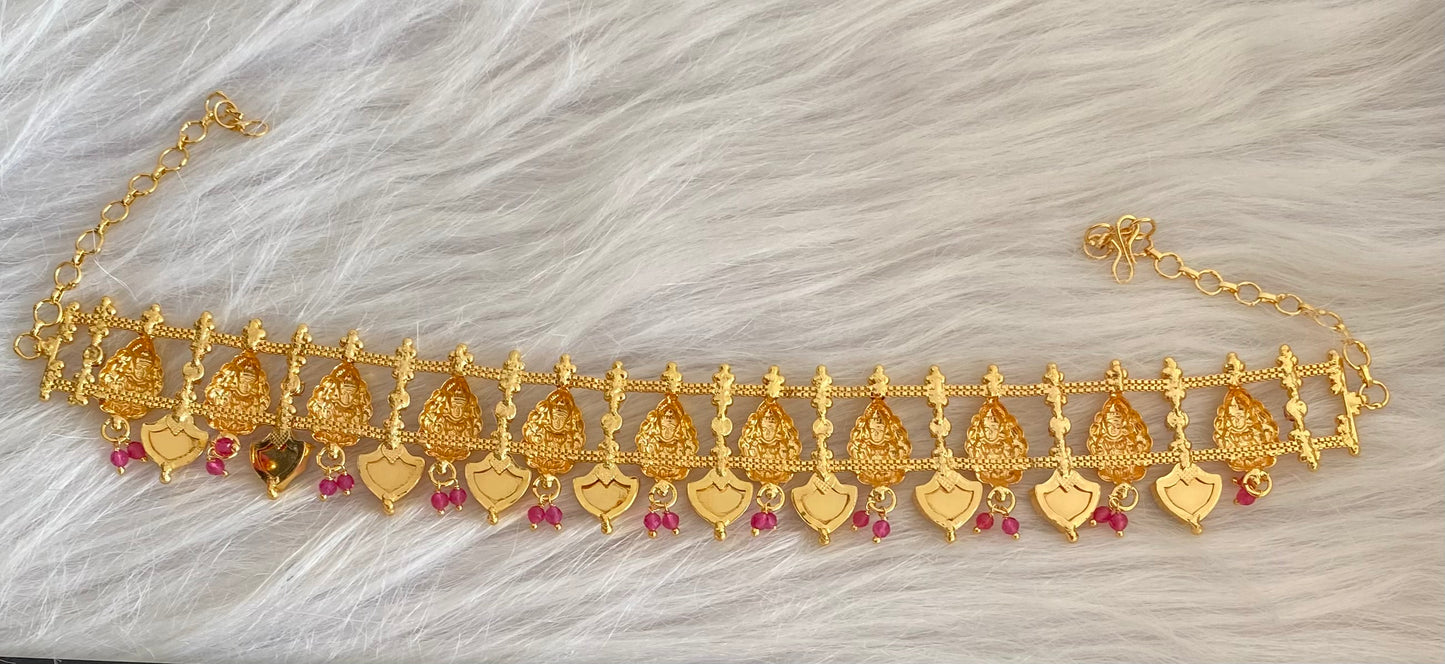 Gold tone kerala style pink-green palakka lakshmi choker necklace dj-54276