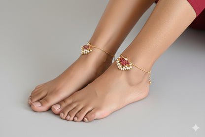 Gold tone pink-white butterfly kundan jadau anklets dj-52390