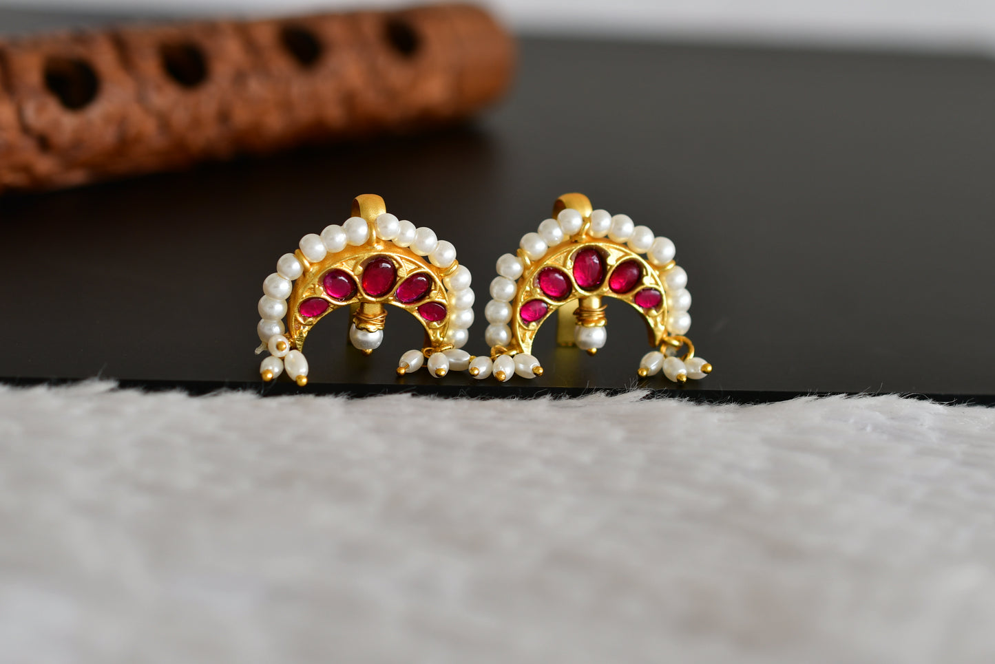 Gold tone pink kundan jadau moon bugadi earrings dj-52466