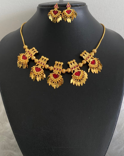 Gold tone kerala style pink-red palakka elakka necklace set dj-54552