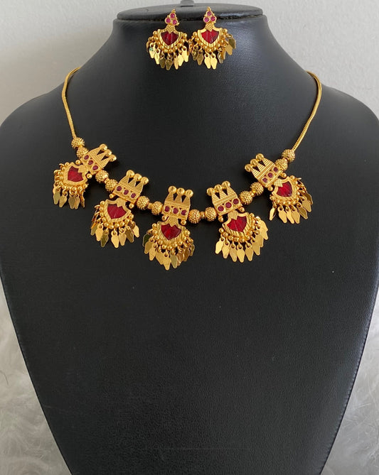 Gold tone kerala style pink-red palakka elakka necklace set dj-54552