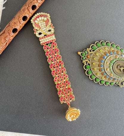 Gold tone pink-green kundan jadau jadai nagam/hair jewel dj-52033