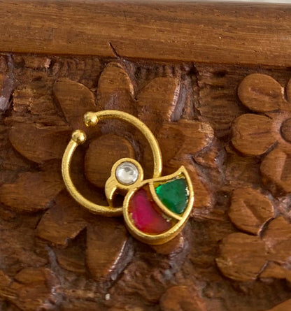 Gold tone kundan jadau pink-green-white stone swan nose pin/bulakku dj-53736
