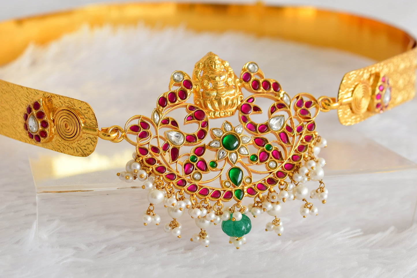 Gold tone pink-green-white kundan jadau Lakshmi mango waist band dj-52173
