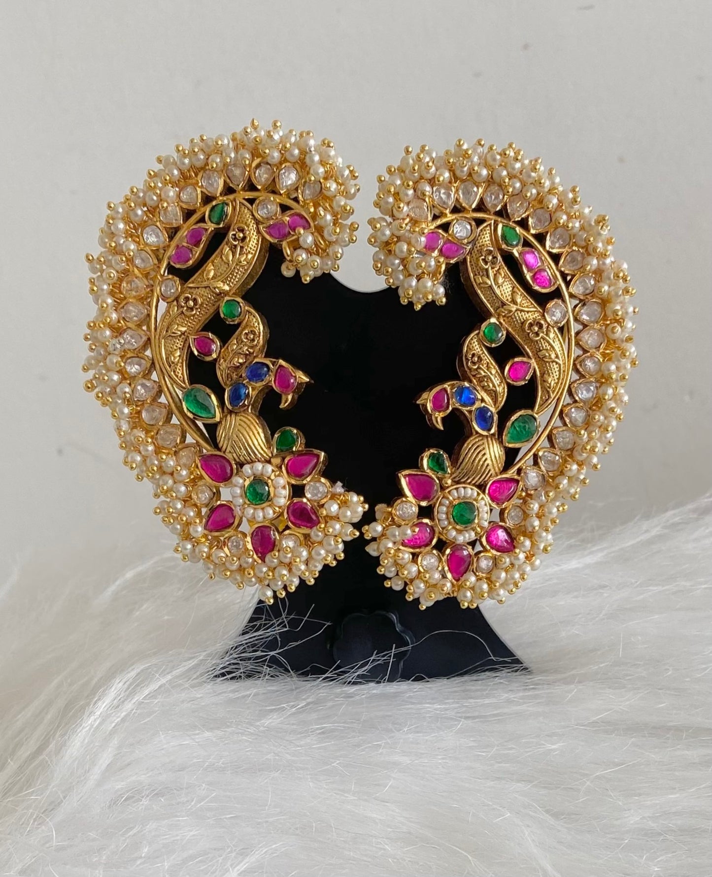 Gold tone pink-white-blue-green kundan jadau big peacock khanpool earrings dj-54570