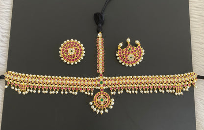 Gold tone precious kemp-green-white pearl maang head set with sun moon dj-53032