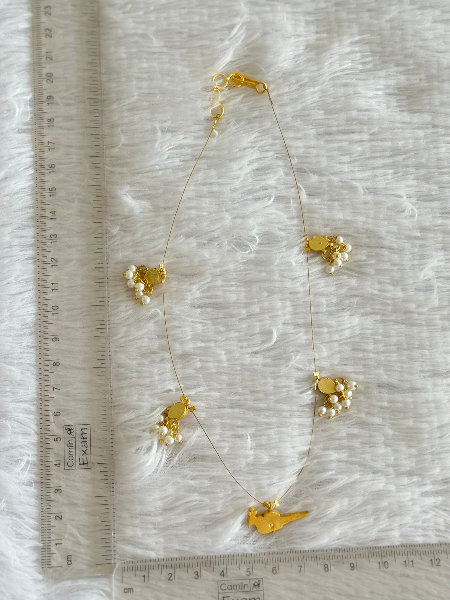 Gold tone pink-green kundan jadau bird invisible necklace dj-51547