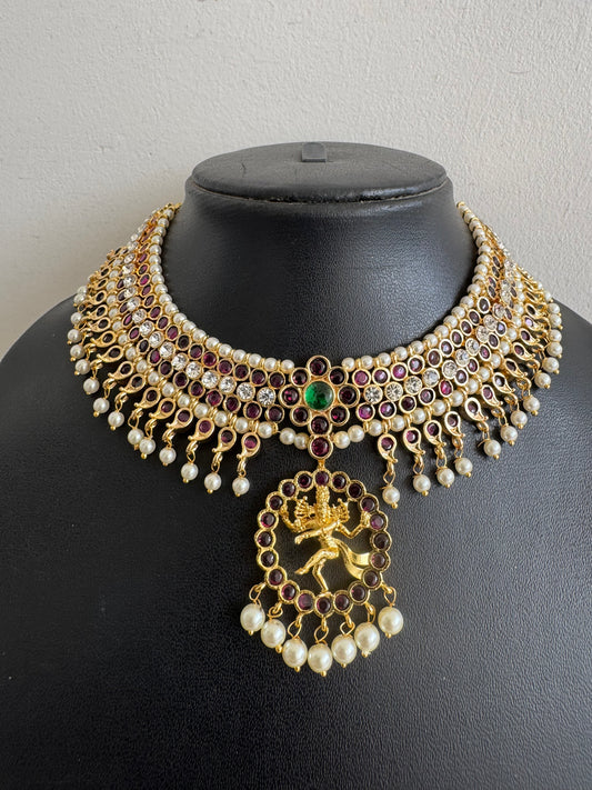 Gold tone precious kemp Shri Natarajar pearl necklace dj-51040