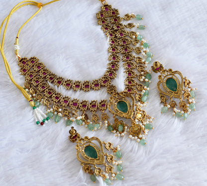 Antique gold tone cz pink- green double layer necklace set dj-53020