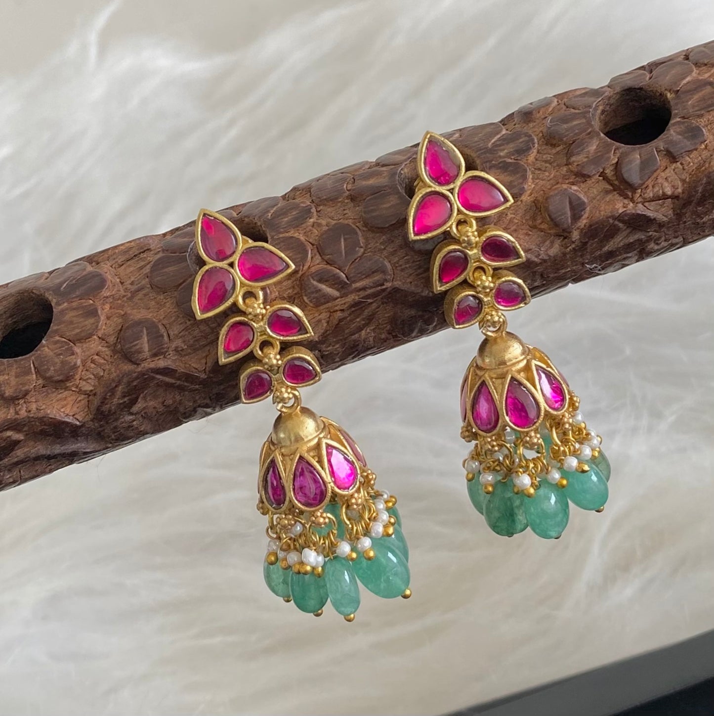 Gold tone kemp stone kundan jadau green beaded jhumkka  dj-54587