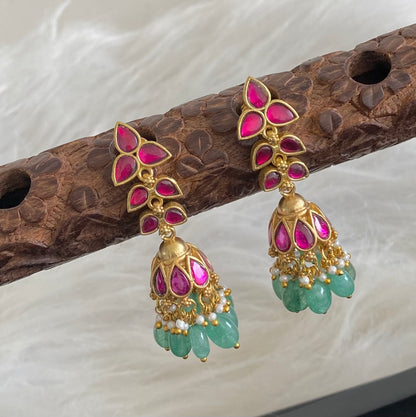 Gold tone kemp stone kundan jadau green beaded jhumkka  dj-54587