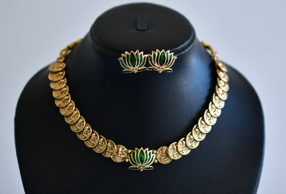 Antique gold tone lakshmi coin green lotus necklace set dj-52733