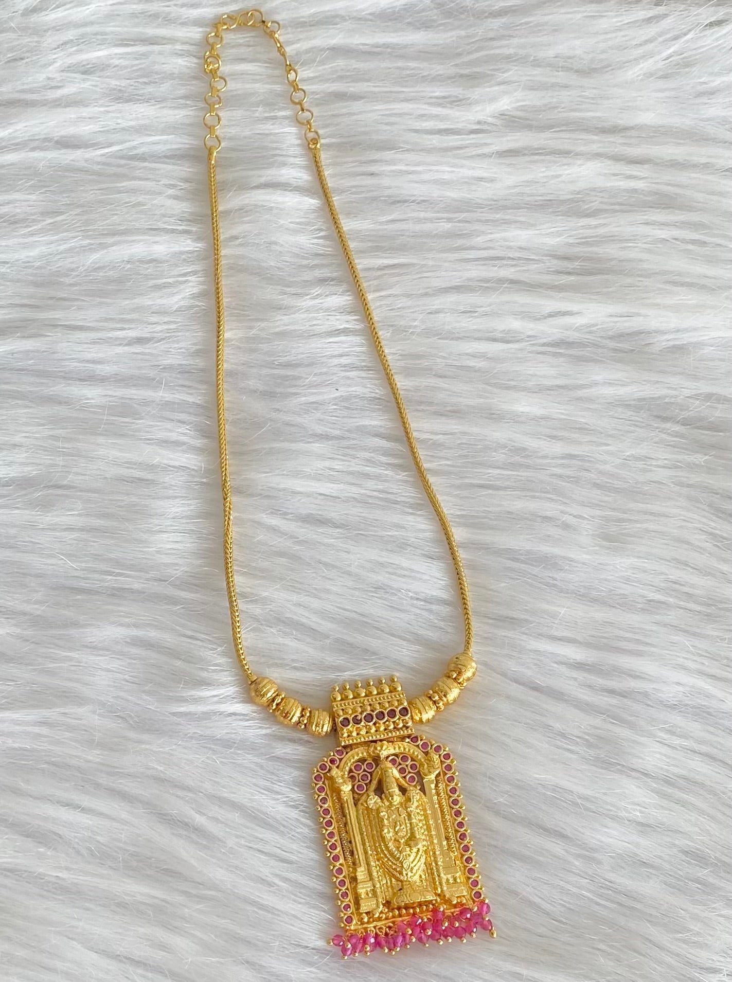 Gold tone pink stone with beaded thirumal necklace dj-54126